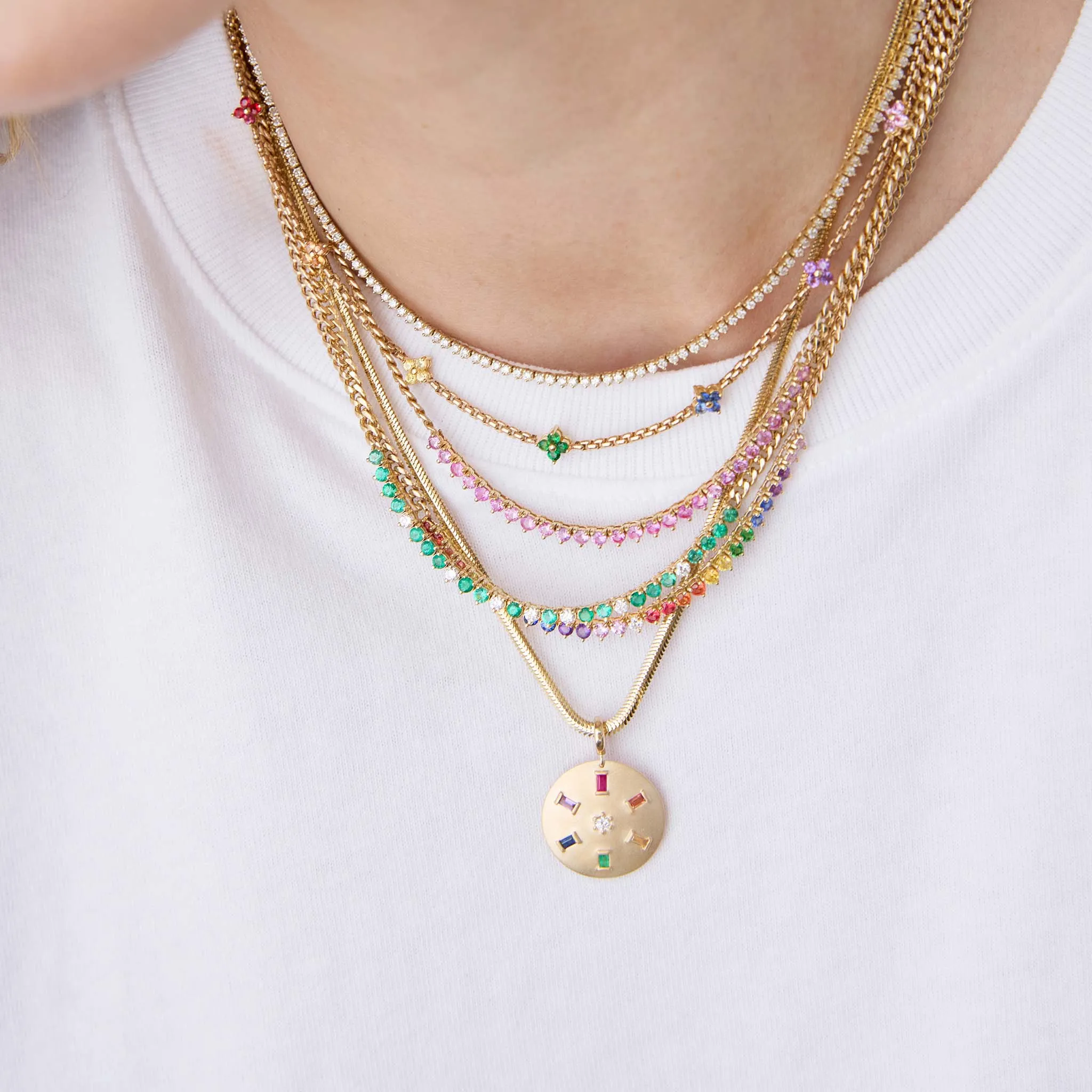 14k Rainbow Sapphire Quad Station Box Chain Necklace