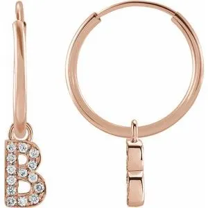 14K Rose .05 CTW Natural Diamond Single Initial B Hoop Earring