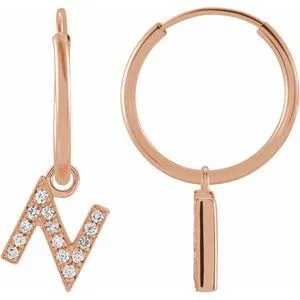 14K Rose .05 CTW Natural Diamond Single Initial N Hoop Earring