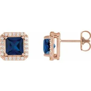 14K Rose 5x5 mm Lab-Grown Blue Sapphire 1/6 CTW Natural Diamond Halo-Style Earrings
