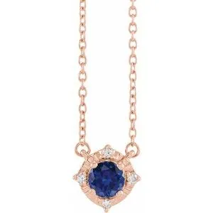 14K Rose Lab-Grown Blue Sapphire & .04 CTW Natural Diamond Halo-Style 18" Necklace