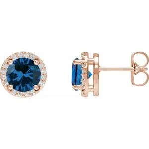 14K Rose Lab-Grown Blue Sapphire & .05 CTW Natural Diamond Halo-Style Earrings