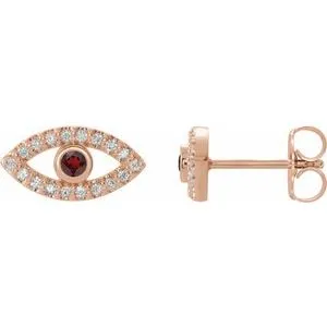 14K Rose Natural Mozambique Garnet & Natural White Sapphire Evil Eye Earrings