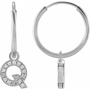 14K White .05 CTW Natural Diamond Single Initial Q Hoop Earring