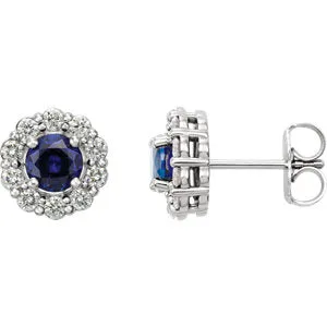 14K White Chatham® Created Blue Sapphire & 1/2 CTW Diamond Halo-Style Earrings