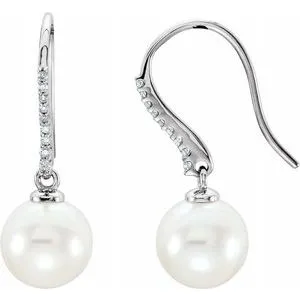 14K White Freshwater Cultured Pearl & 1/8 CTW Diamond Earrings