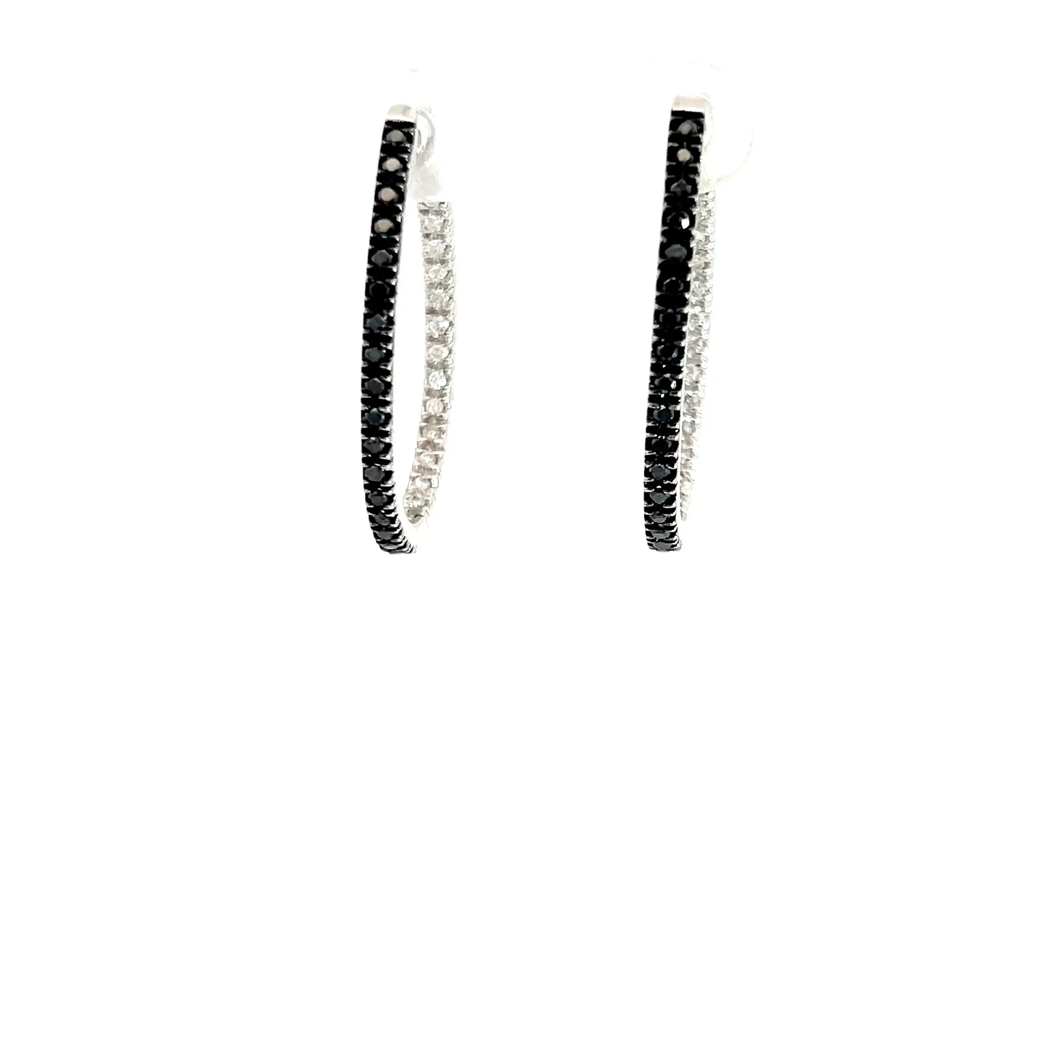 14k White Gold .50ct G VS2 Round Diamond and .50ct Round Black Diamond Inside/Out Hoop Earrings  Oval 1"inch