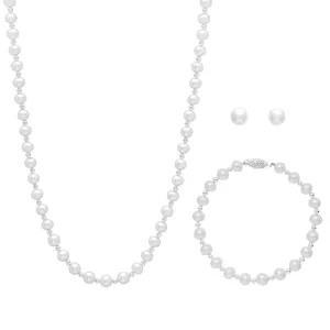 14K White Gold Balls with (6.5-7mm) Freshwater Pearl Earrings, Necklace and Bracelet Set