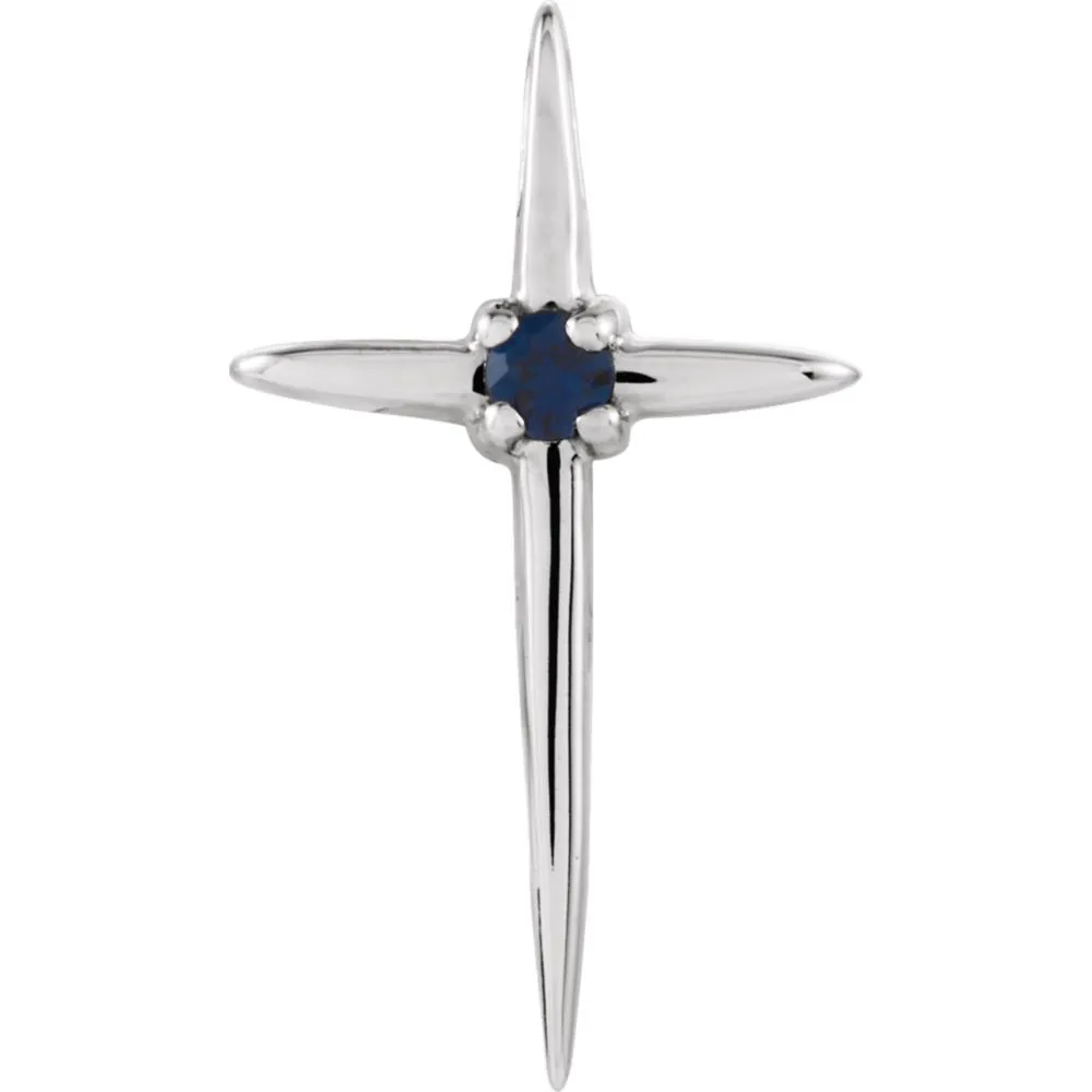 14k White Gold Blue Sapphire Cross Pendant
