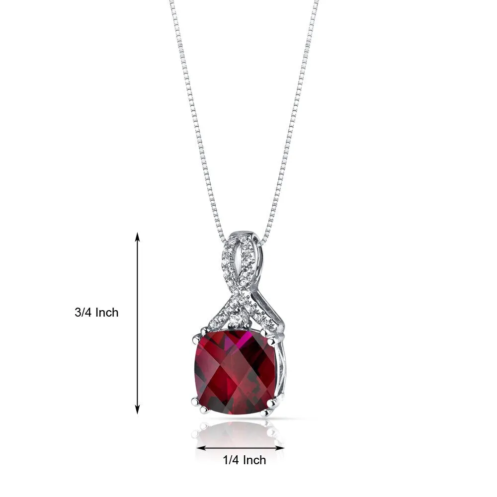 14K White Gold Created Ruby Pendant Ribbon Design Cushion Cut 4.00 Carats