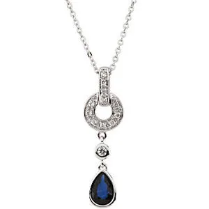 14k White Gold Genuine Blue Sapphire & Diamond Necklace