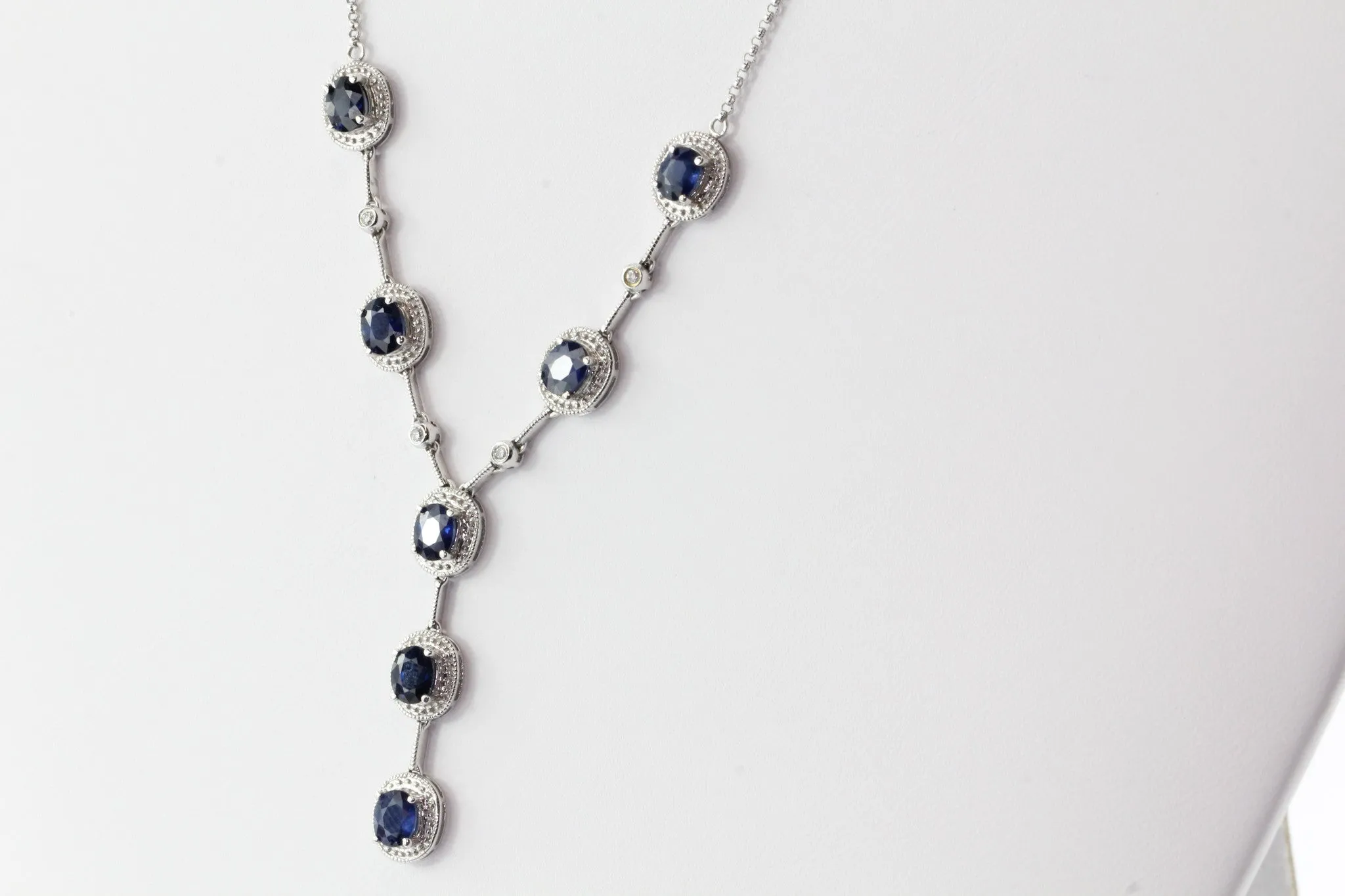 14K White Gold Natural Sapphire & Diamond Necklace