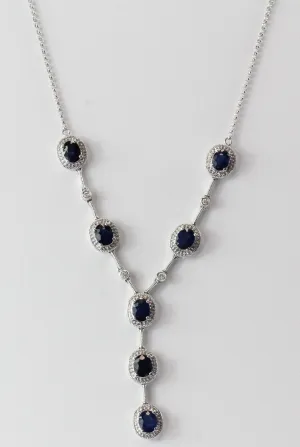 14K White Gold Natural Sapphire & Diamond Necklace