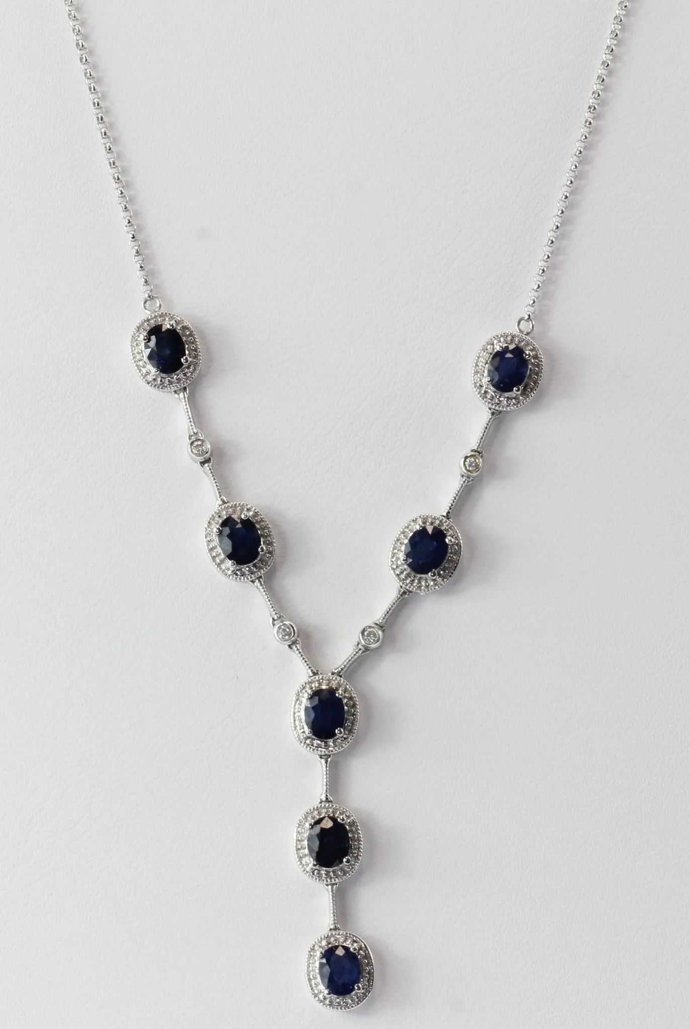 14K White Gold Natural Sapphire & Diamond Necklace