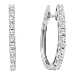 14K White Gold Round Diamond Single Row Hoop Earrings 1.00 Cttw
