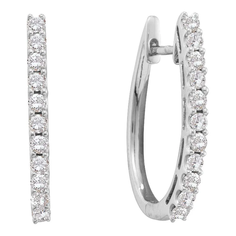 14K White Gold Round Diamond Single Row Hoop Earrings 1.00 Cttw