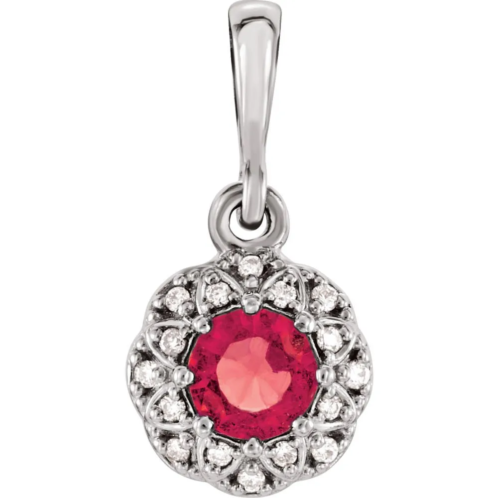 14k White Gold Ruby & .04 CTW Diamond Halo-Style Pendant