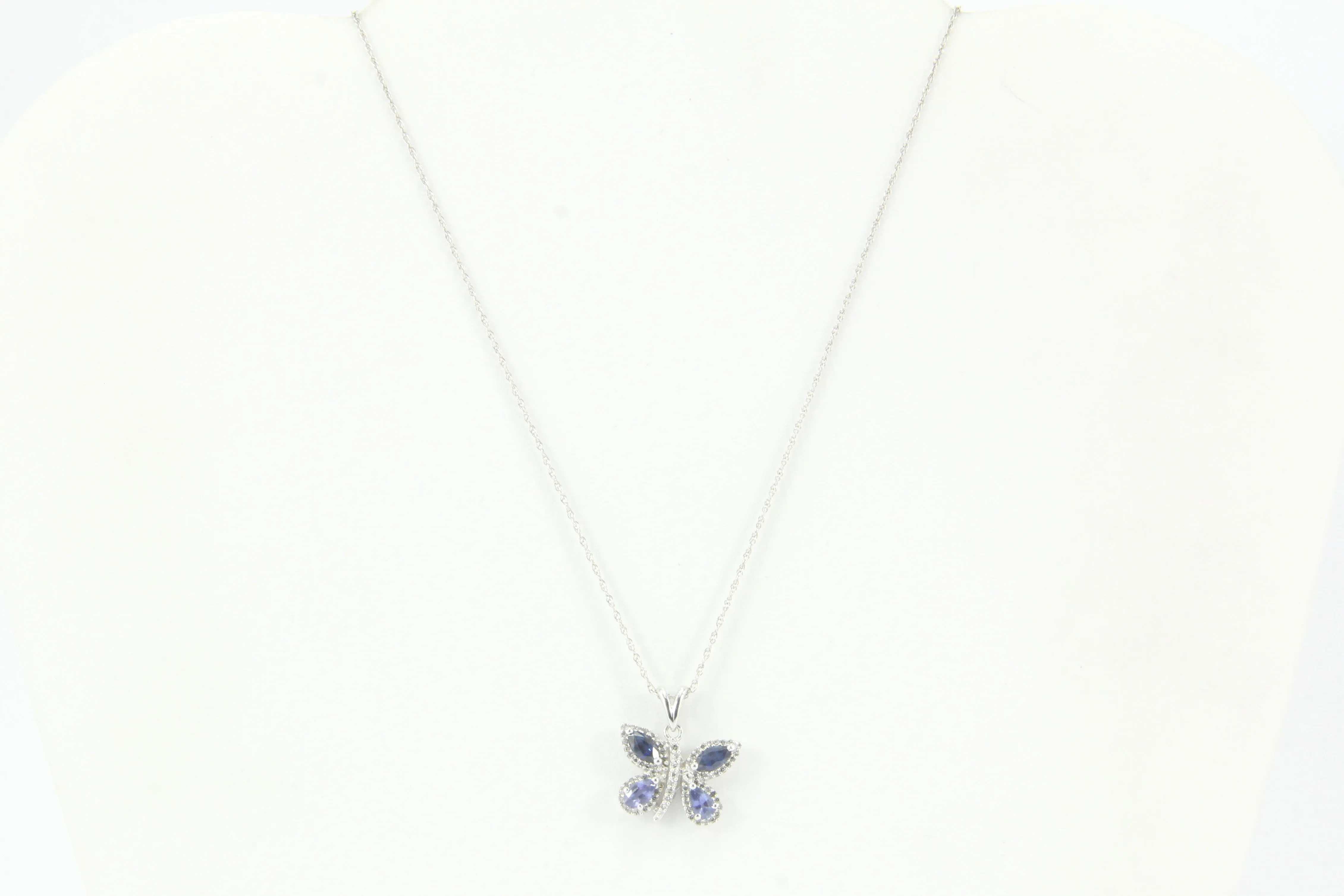 14k White Gold Sapphire & Diamond Butterfly Pendant Necklace