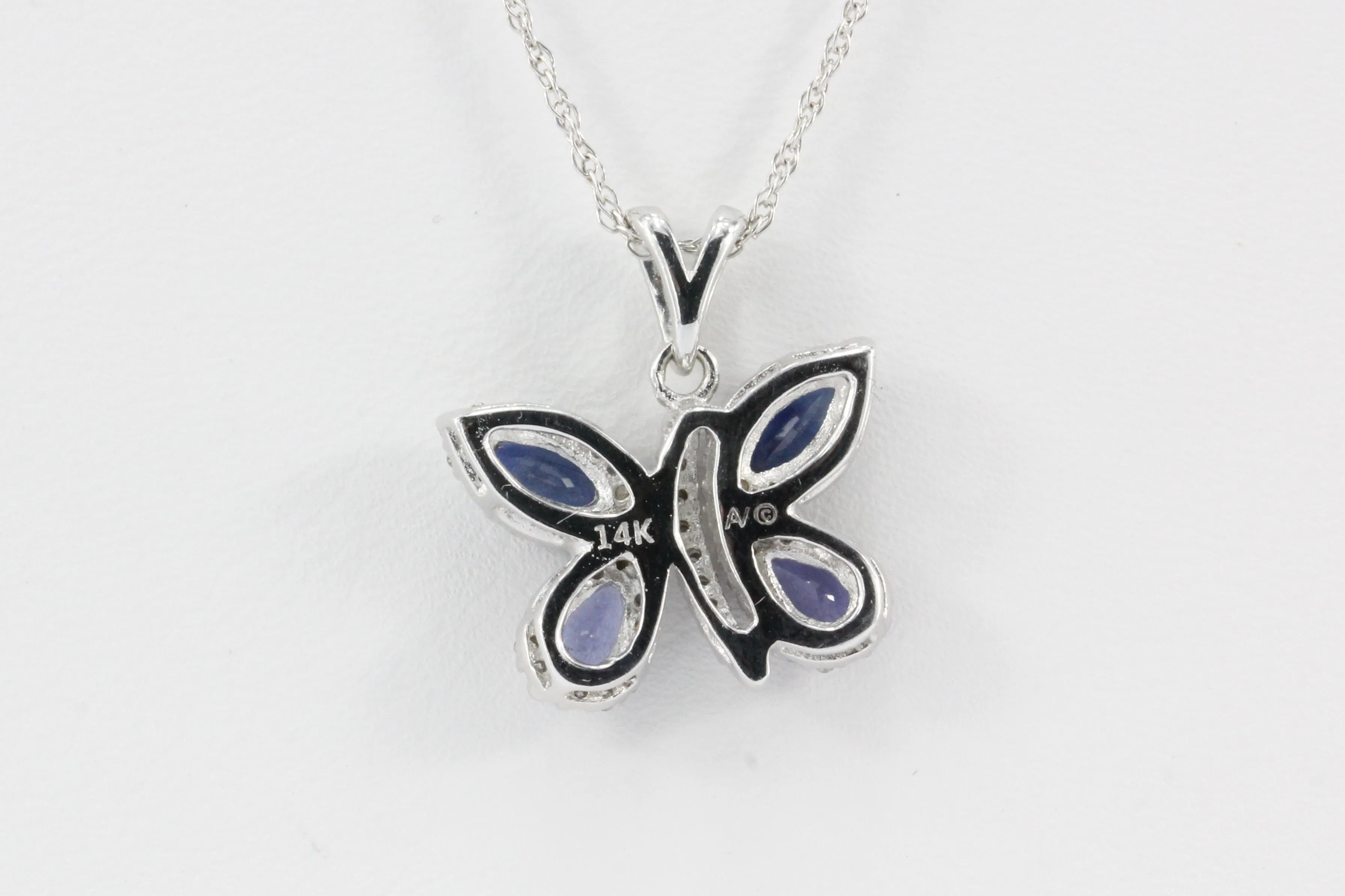 14k White Gold Sapphire & Diamond Butterfly Pendant Necklace