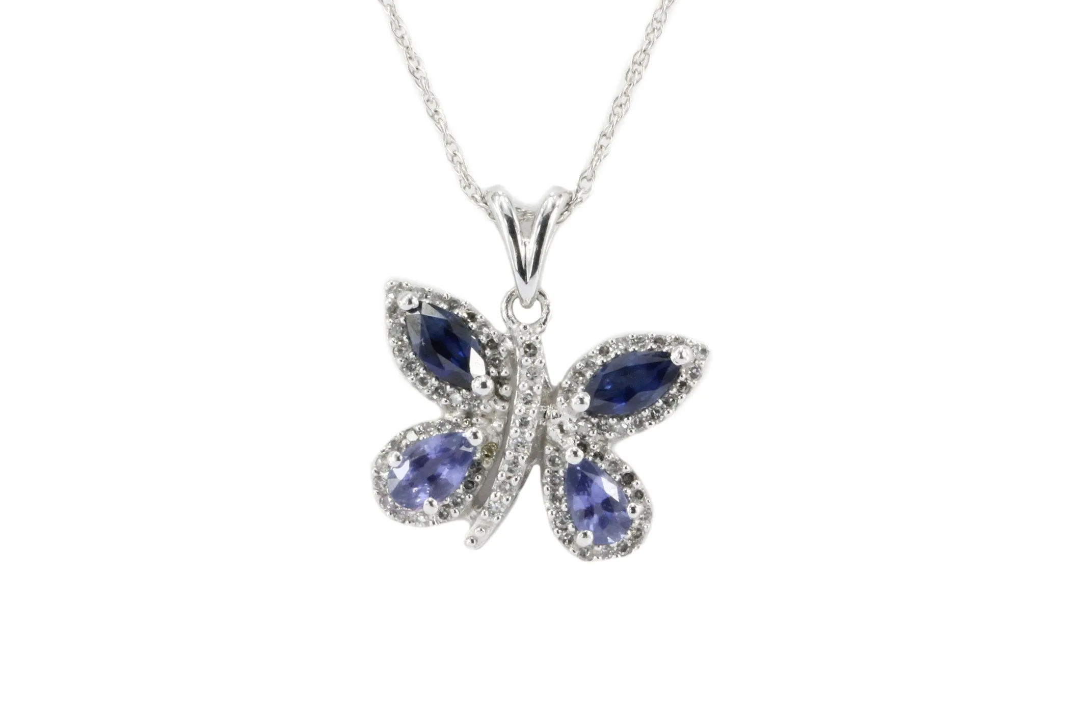14k White Gold Sapphire & Diamond Butterfly Pendant Necklace