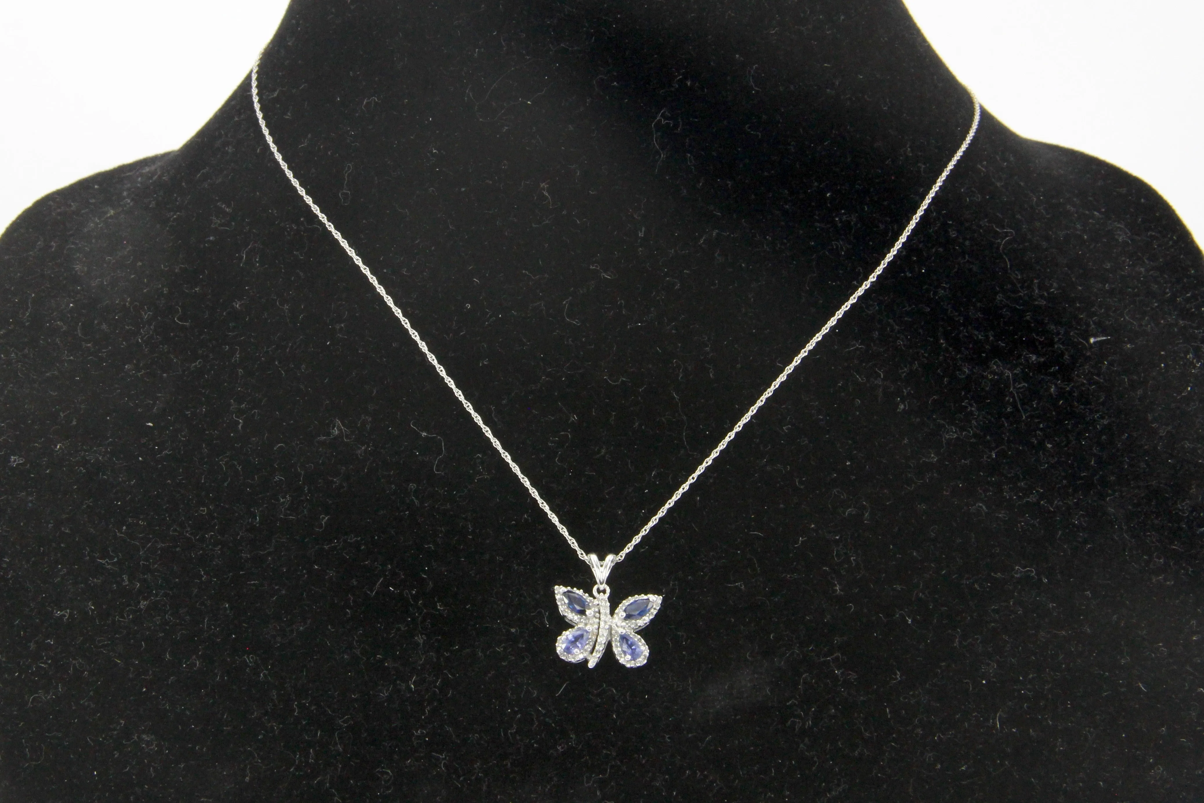 14k White Gold Sapphire & Diamond Butterfly Pendant Necklace