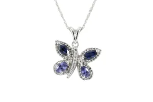 14k White Gold Sapphire & Diamond Butterfly Pendant Necklace
