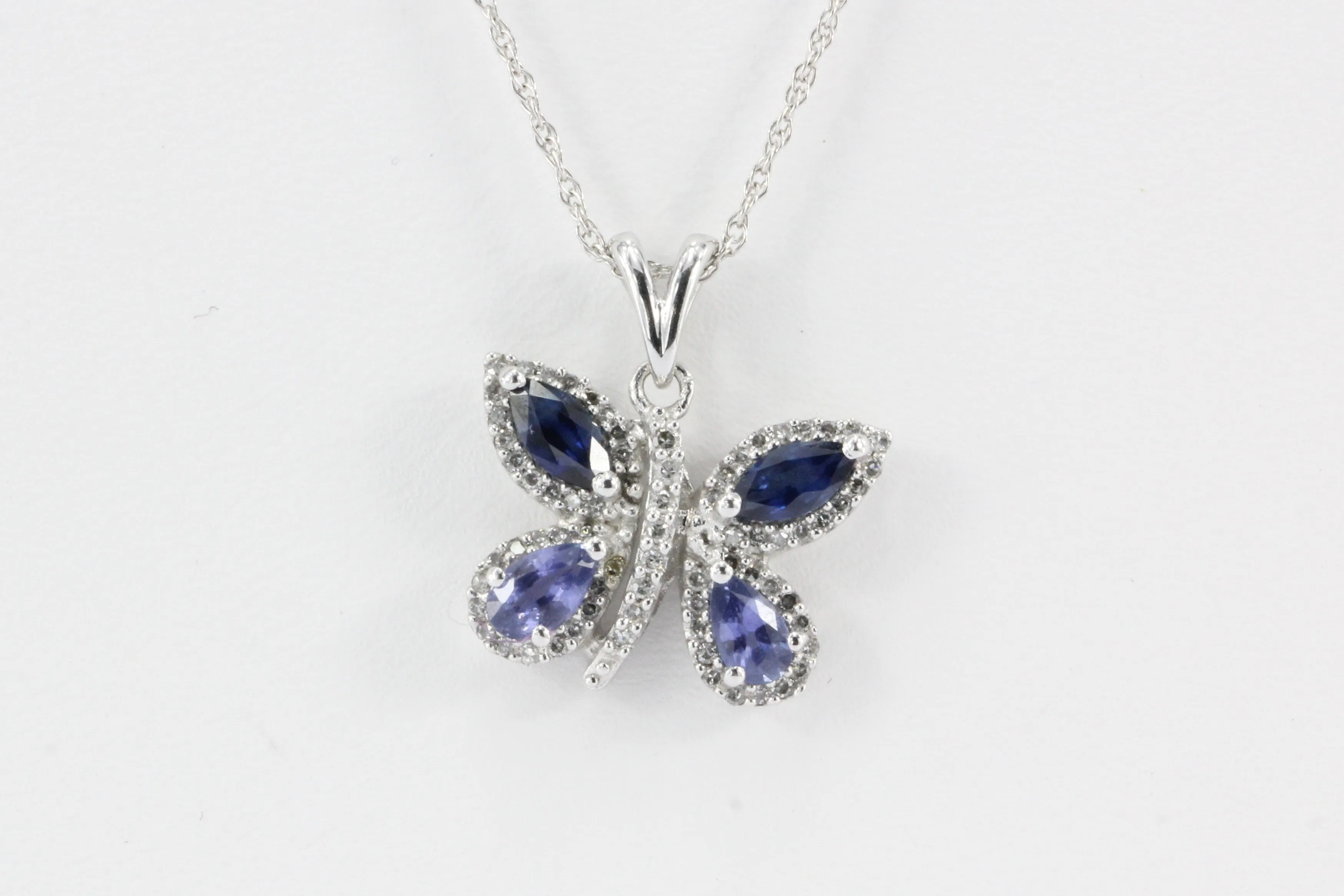 14k White Gold Sapphire & Diamond Butterfly Pendant Necklace