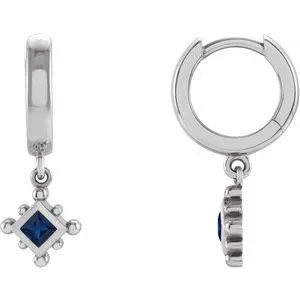14K White Lab-Grown Blue Sapphire Beaded Bezel-Set Hoop Earrings