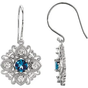 14K White London Blue Topaz & 1/2 CTW Diamond Vintage-Style Earrings