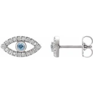 14K White Natural Aquamarine & Natural White Sapphire Evil Eye Earrings