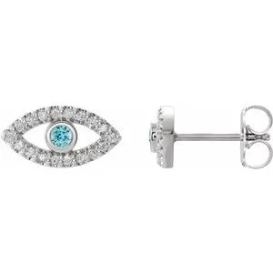 14K White Natural Blue Zircon & Natural White Sapphire Evil Eye Earrings