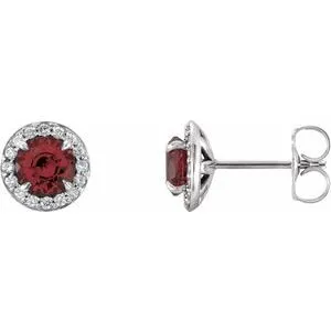 14K White Round Garnet & 1/8 CTW Diamond Earrings