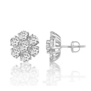 14K White Solid Gold Round Cut Prong Diamond Cluster Earrings 0.90 Ctw