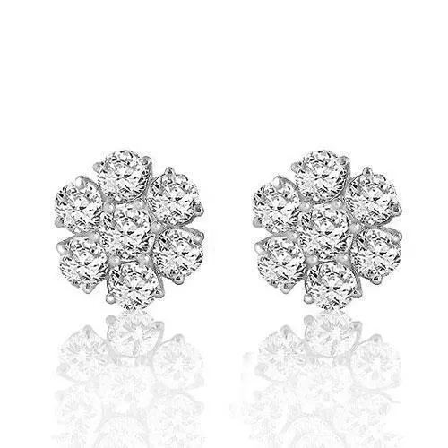 14K White Solid Gold Round Cut Prong Diamond Cluster Earrings 0.90 Ctw
