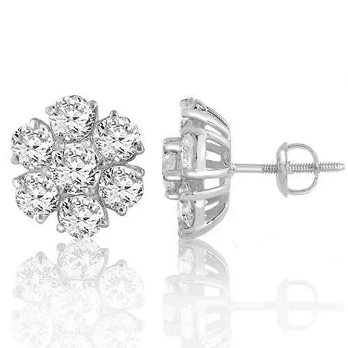 14k White Solid Gold Round Cut Prong Diamond Cluster Earrings 6.50 Ctw