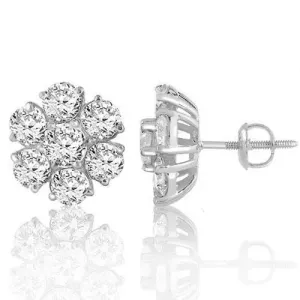 14k White Solid Gold Round Cut Prong Diamond Cluster Earrings 6.50 Ctw