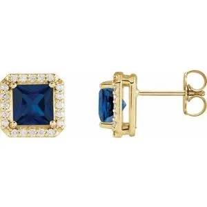 14K Yellow 5x5 mm Lab-Grown Blue Sapphire 1/6 CTW Natural Diamond Halo-Style Earrings