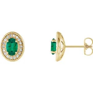 14K Yellow Chatham® Created Emerald & 1/5 CTW Diamond Halo-Style Earrings