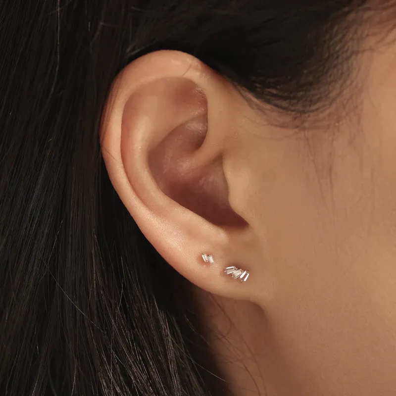 14K Yellow Gold Baguette Trio White Sapphire SINGLE Stud Earring