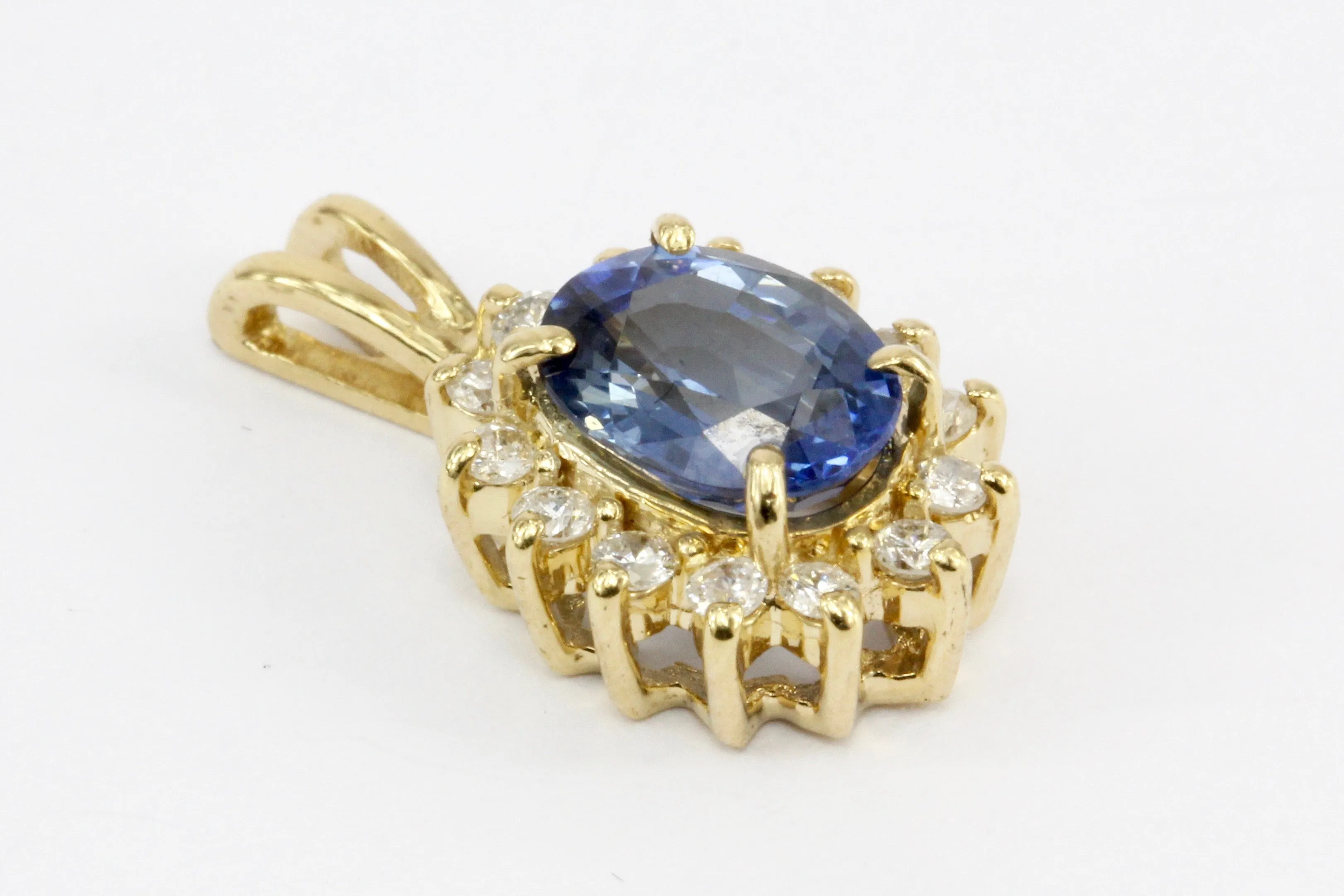 14K Yellow Gold Natural Unheated Intense Blue Sapphire and Diamond Pendant Necklace