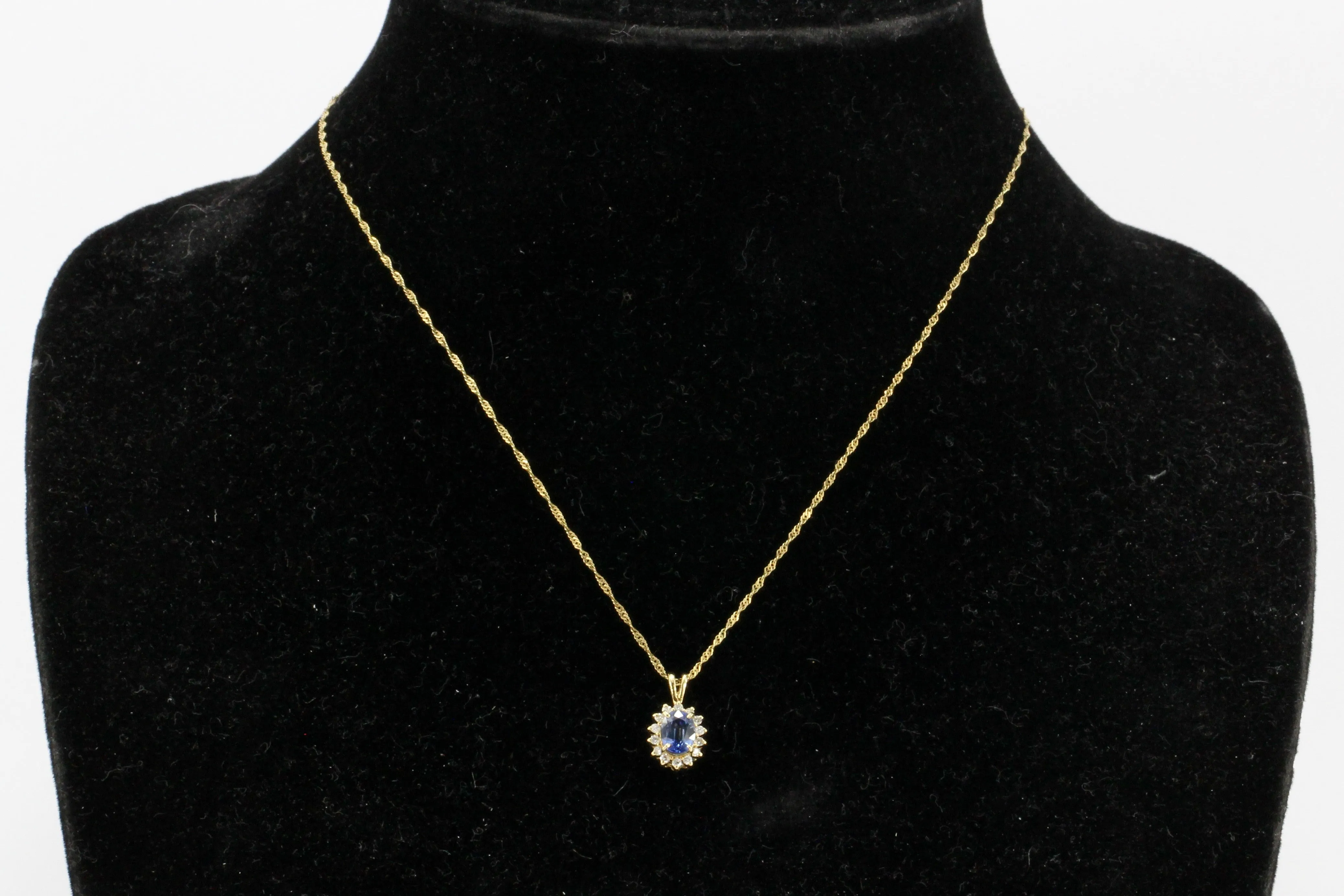 14K Yellow Gold Natural Unheated Intense Blue Sapphire and Diamond Pendant Necklace