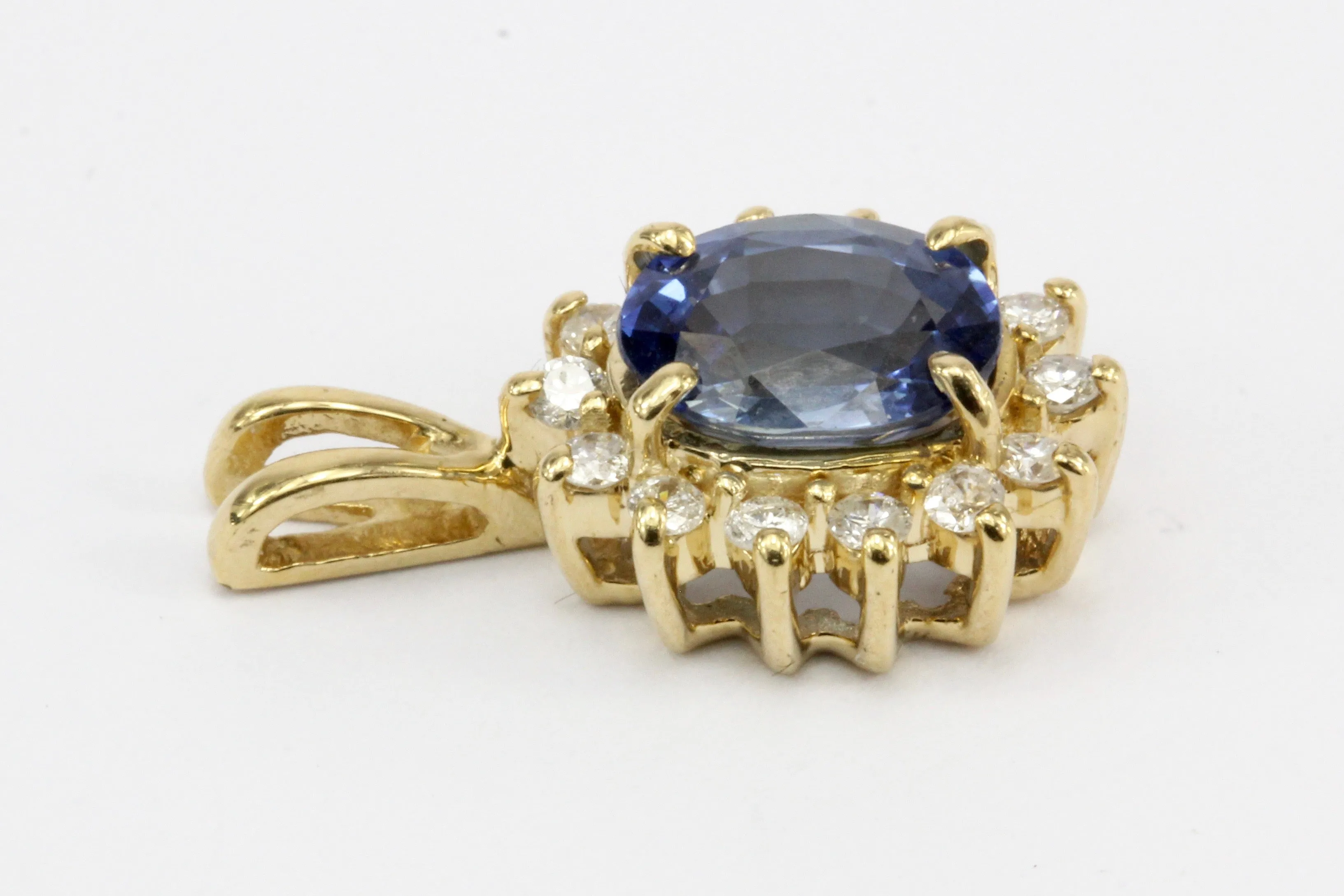 14K Yellow Gold Natural Unheated Intense Blue Sapphire and Diamond Pendant Necklace