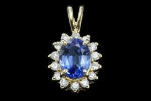 14K Yellow Gold Natural Unheated Intense Blue Sapphire and Diamond Pendant Necklace