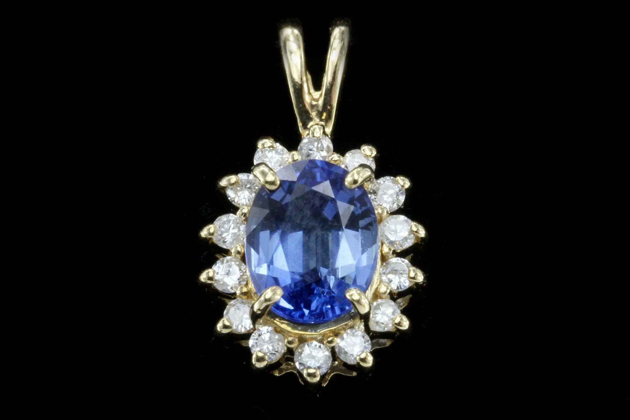 14K Yellow Gold Natural Unheated Intense Blue Sapphire and Diamond Pendant Necklace