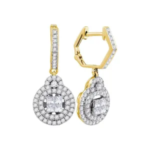 14K Yellow Gold Princess Diamond Double Circle Frame Dangle Earrings 1.00 Cttw