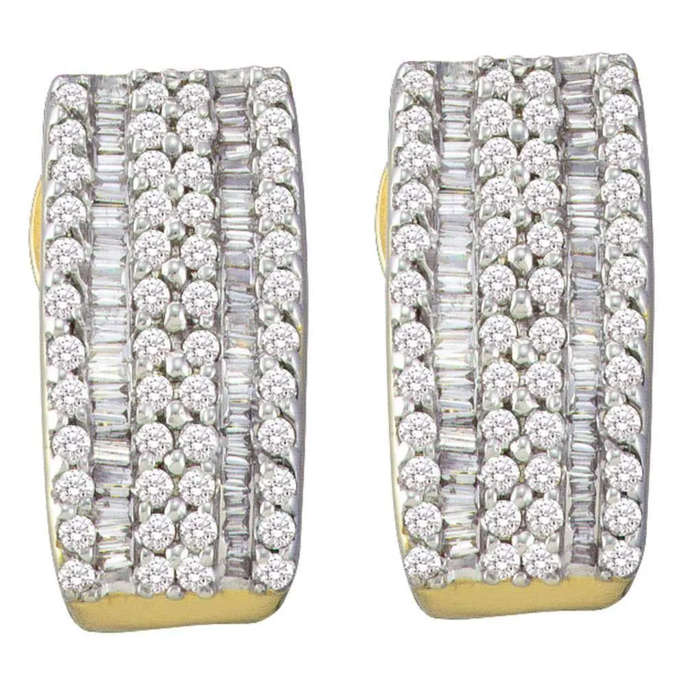 14K Yellow Gold Round Baguette Diamond Vertical Stripe Hoop Earrings 7/8 Cttw