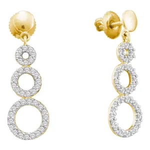 14K Yellow Gold Round Diamond Triple Circle Screwback Dangle Earrings 3/8 Cttw