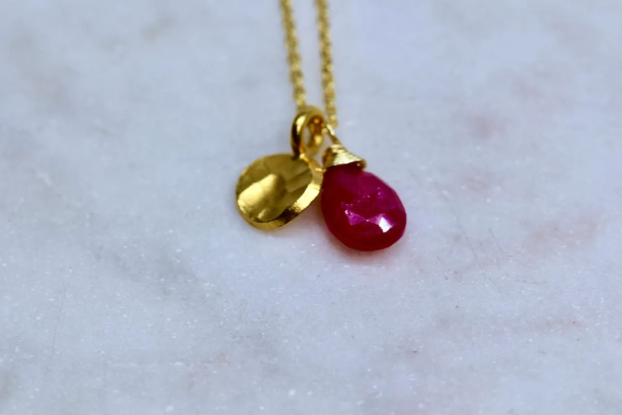 14K Yellow Gold Ruby Hammered Disc Necklace, Ruby, Handmade Hammered Disc Pendant, July Birthstone, Ruby Birthstone