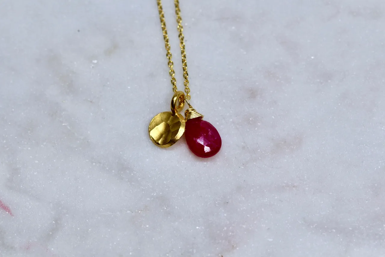 14K Yellow Gold Ruby Hammered Disc Necklace, Ruby, Handmade Hammered Disc Pendant, July Birthstone, Ruby Birthstone