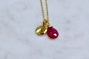 14K Yellow Gold Ruby Hammered Disc Necklace, Ruby, Handmade Hammered Disc Pendant, July Birthstone, Ruby Birthstone